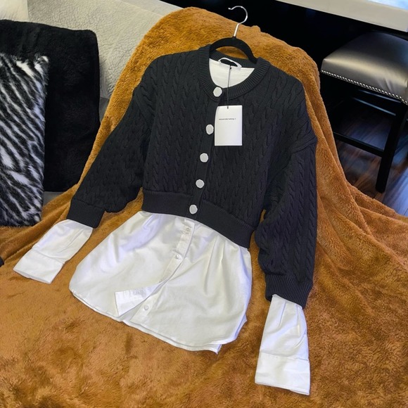 Alexander Wang Bi-Layer Cable Knit Cardigan in Black & White - Picture 5 of 14